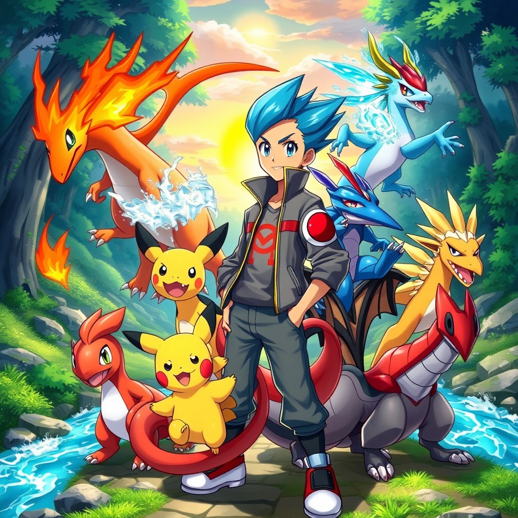 A fantasy artwork of a Pokemon trainer standing fiercely with their team of vibrant and colorful Pokemon in an adventurous setting