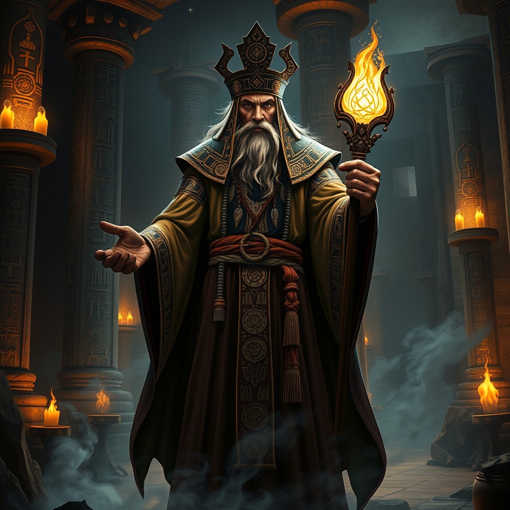A powerful, mystical priest in ancient robes, standing in a dimly lit temple