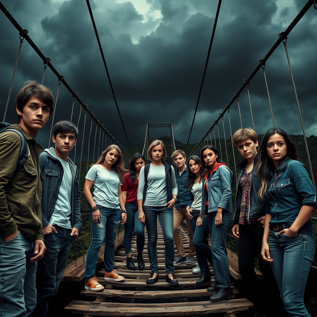 A dramatic and suspenseful scene reminiscent of the movie 'Final Destination 5', featuring a group of young adults gathered at an ominous, rickety suspension bridge