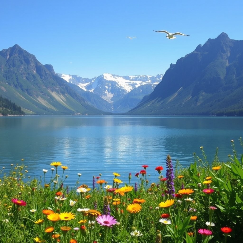 A serene landscape featuring a tranquil lake surrounded by majestic mountains under a clear blue sky