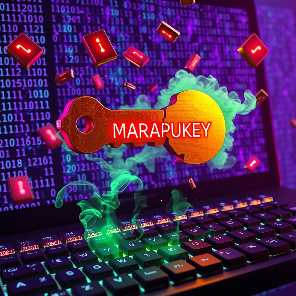 A surreal digital scene featuring floating metallic keys that are cracked and glowing with neon red error symbols