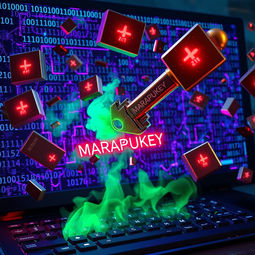 A surreal digital scene featuring a collection of floating metallic keys, some of which are cracked and emanating with glowing neon red error symbols