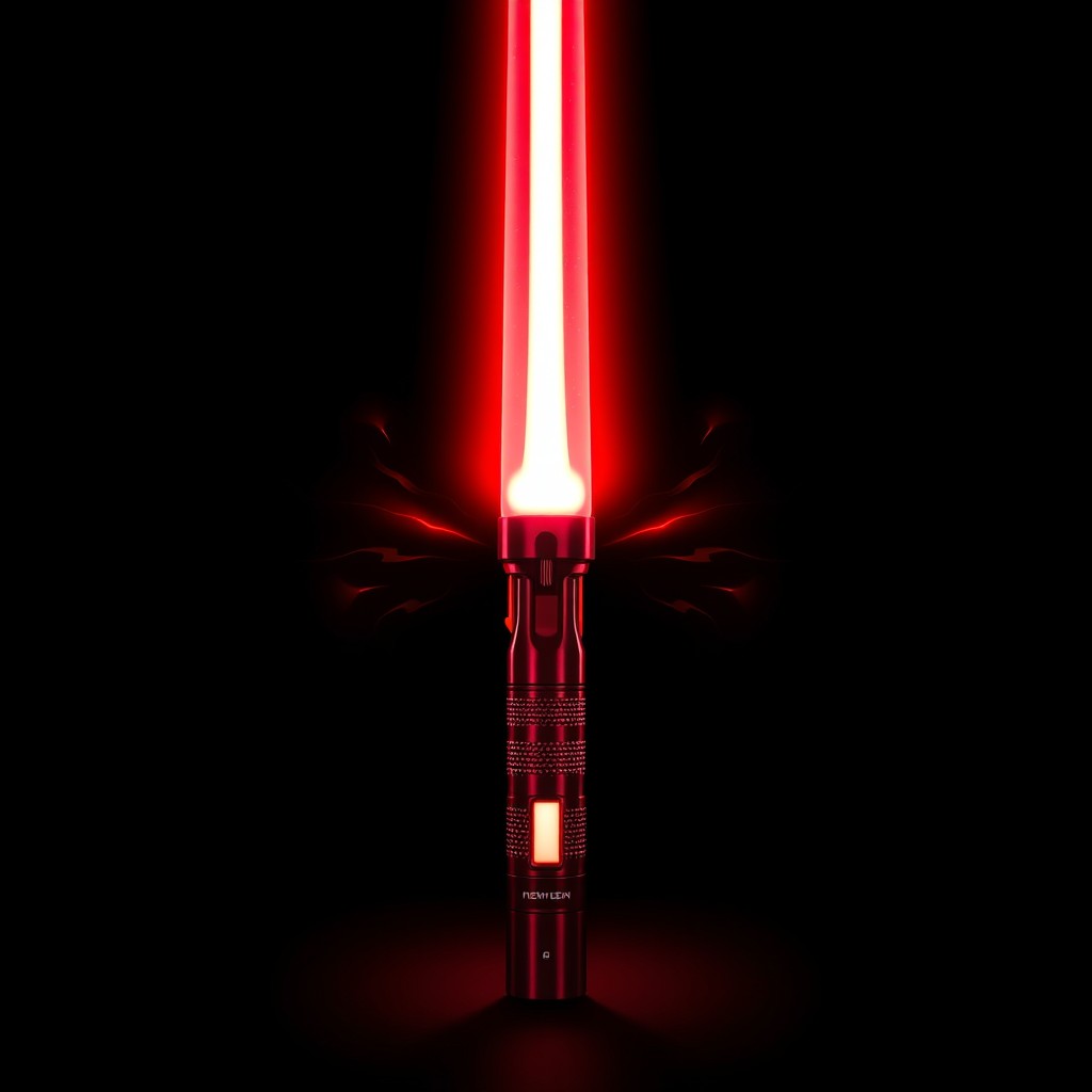 A stunning, red translucent double-bladed lightsaber that radiates vibrant energy
