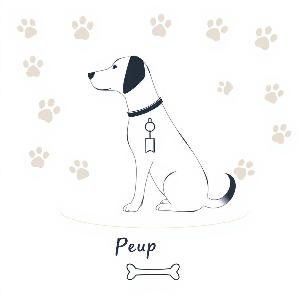 A minimalist illustration of a dog silhouette, either sitting or in profile, with clean lines and no realistic details