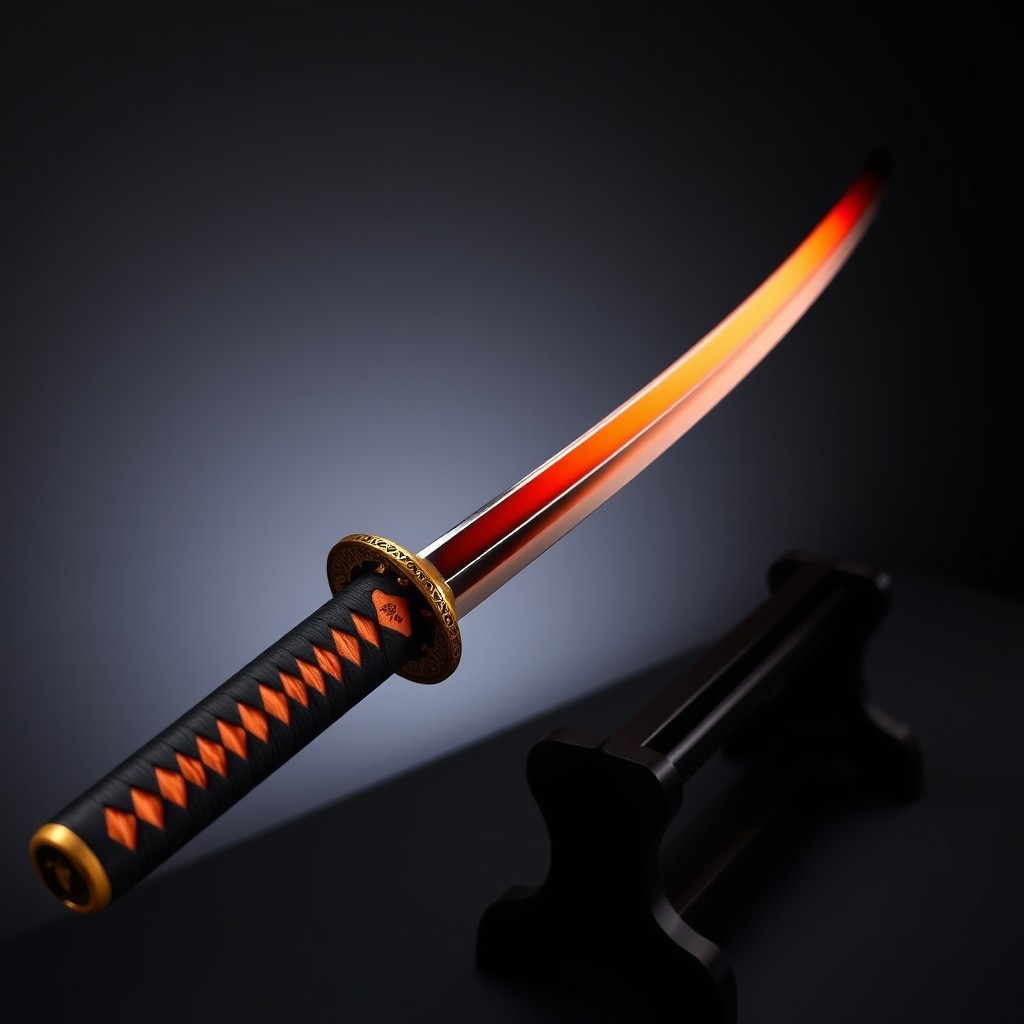 A striking orange and black katana, featuring a beautifully crafted blade that transitions from a deep smoky black at the hilt to a vibrant fiery orange towards the tip