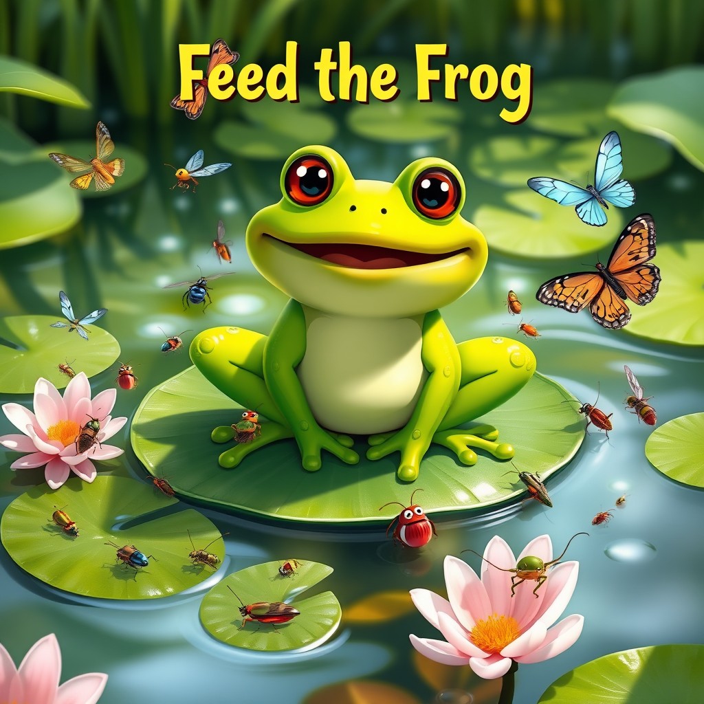 A whimsical scene titled 'Feed the Frog', featuring a vibrant green frog sitting on a lily pad in a serene pond