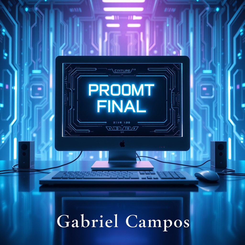 A realistic movie cover featuring a highly detailed and modern computer setup displaying an AI interface on the screen with the text 'PROMPT FINAL' glowing
