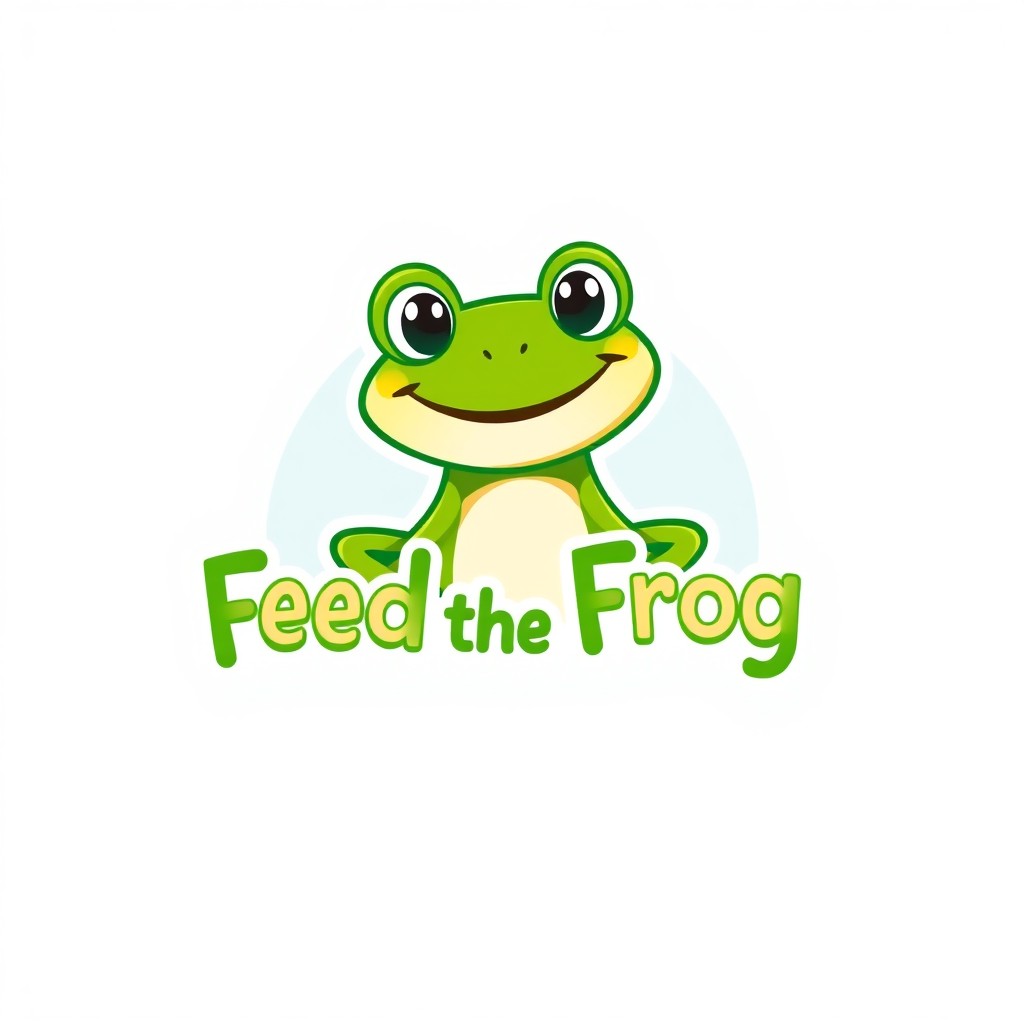A logo design for 'Feed the Frog', featuring a cartoonish, friendly frog with a big smile and wide-open eyes