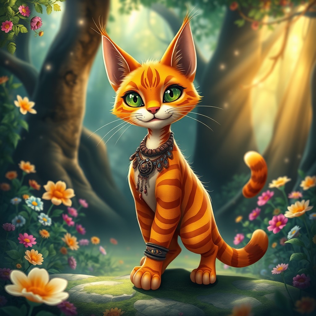 A whimsical and enchanting ginger tabaxi, featuring vibrant orange fur with striking stripes and bright green eyes