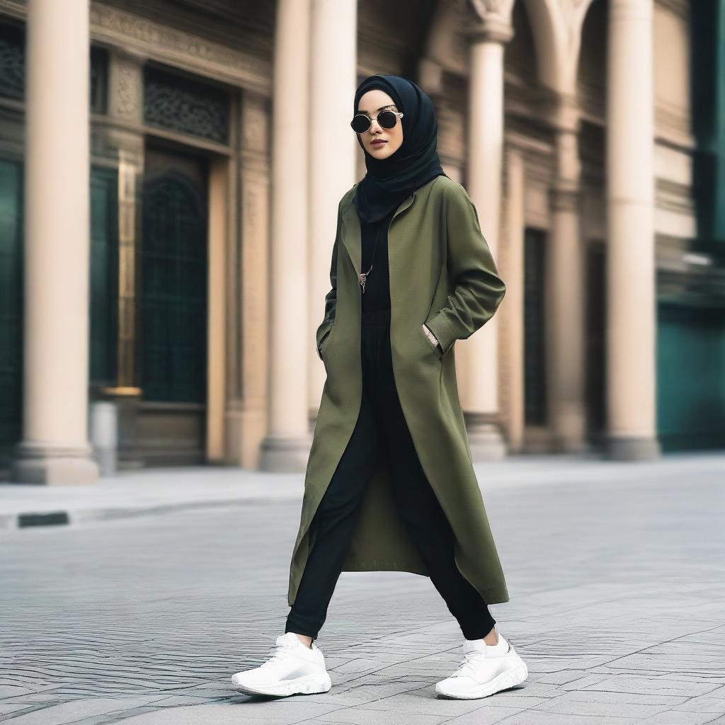 A fashionable hijabi woman wearing stylish streetwear with edgy, urban influences