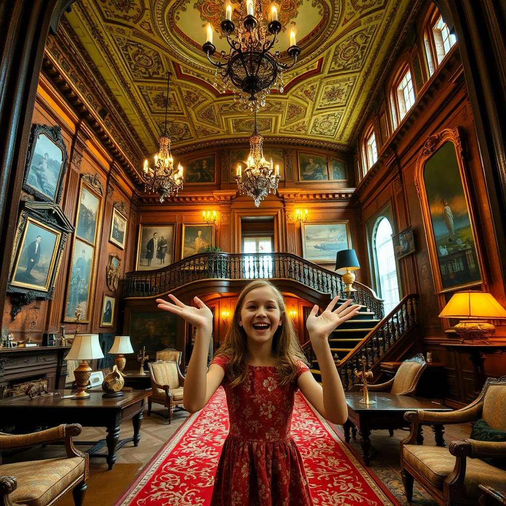 A girl excitedly entering a big old mansion, filled with rich, historical details and ornate architectural features