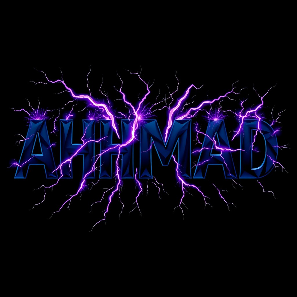 The word 'AHMAD' vividly illustrated in dark navy blue and black colors, with intense lightning effects in dark purple bursting forth from the letters