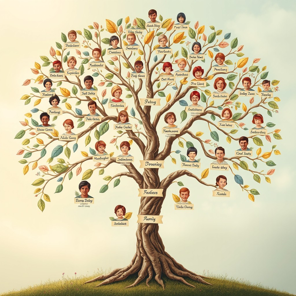 An intricate family tree illustration depicting interconnected branches showcasing various family members across several generations
