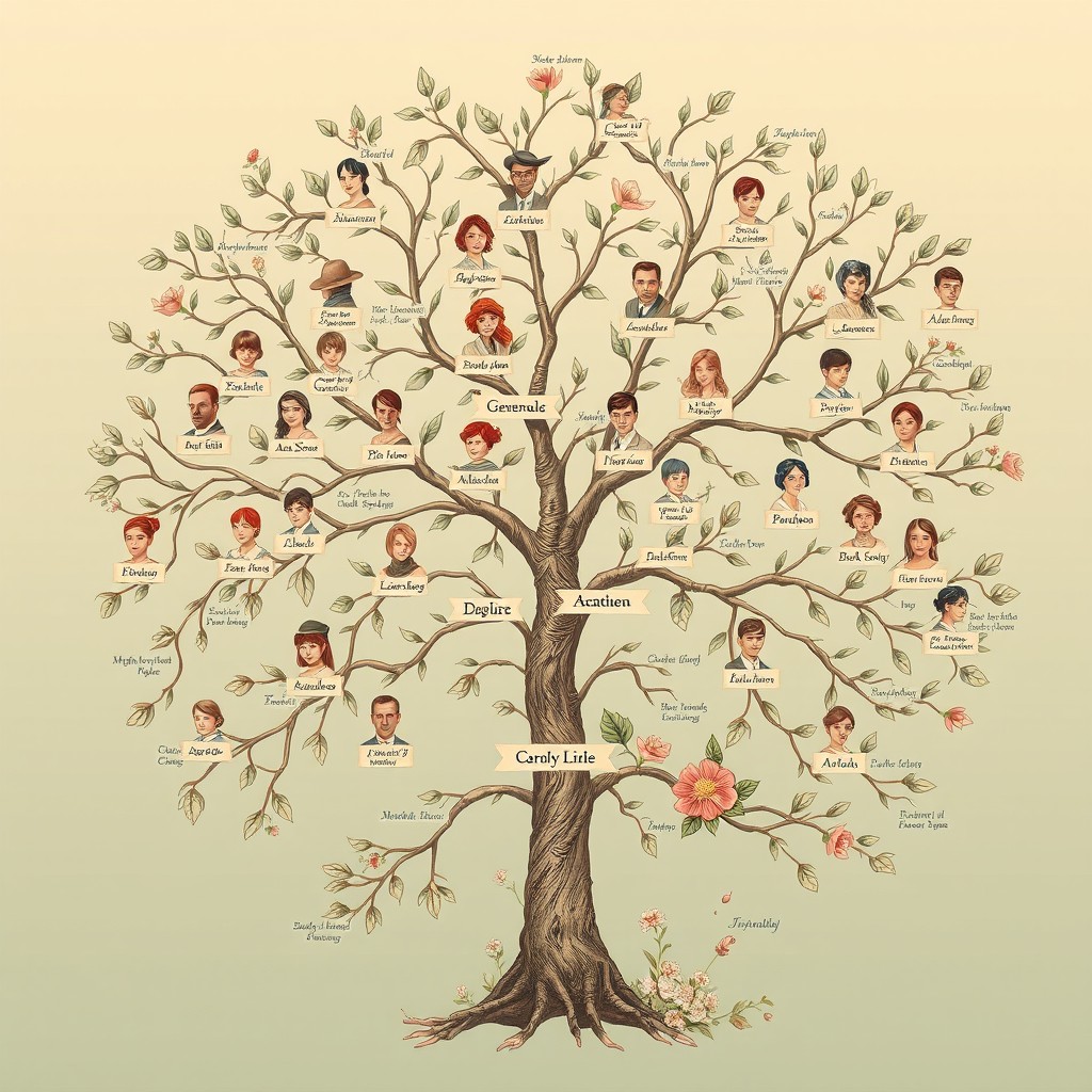 An intricate family tree illustration depicting interconnected branches showcasing various family members across several generations, each member represented with their unique traits and details, such as names, birth dates, and relationships