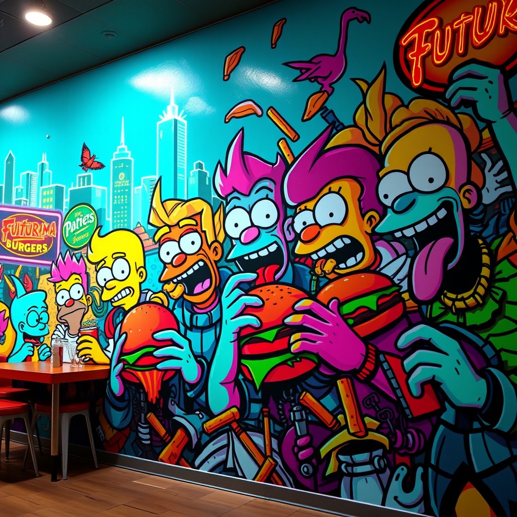 A vibrant and chaotic wall mural for a retro-futuristic fast food restaurant, showcasing a fusion of street art and pop art styles