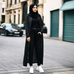 A fashionable hijabi woman wearing stylish streetwear with edgy, urban influences