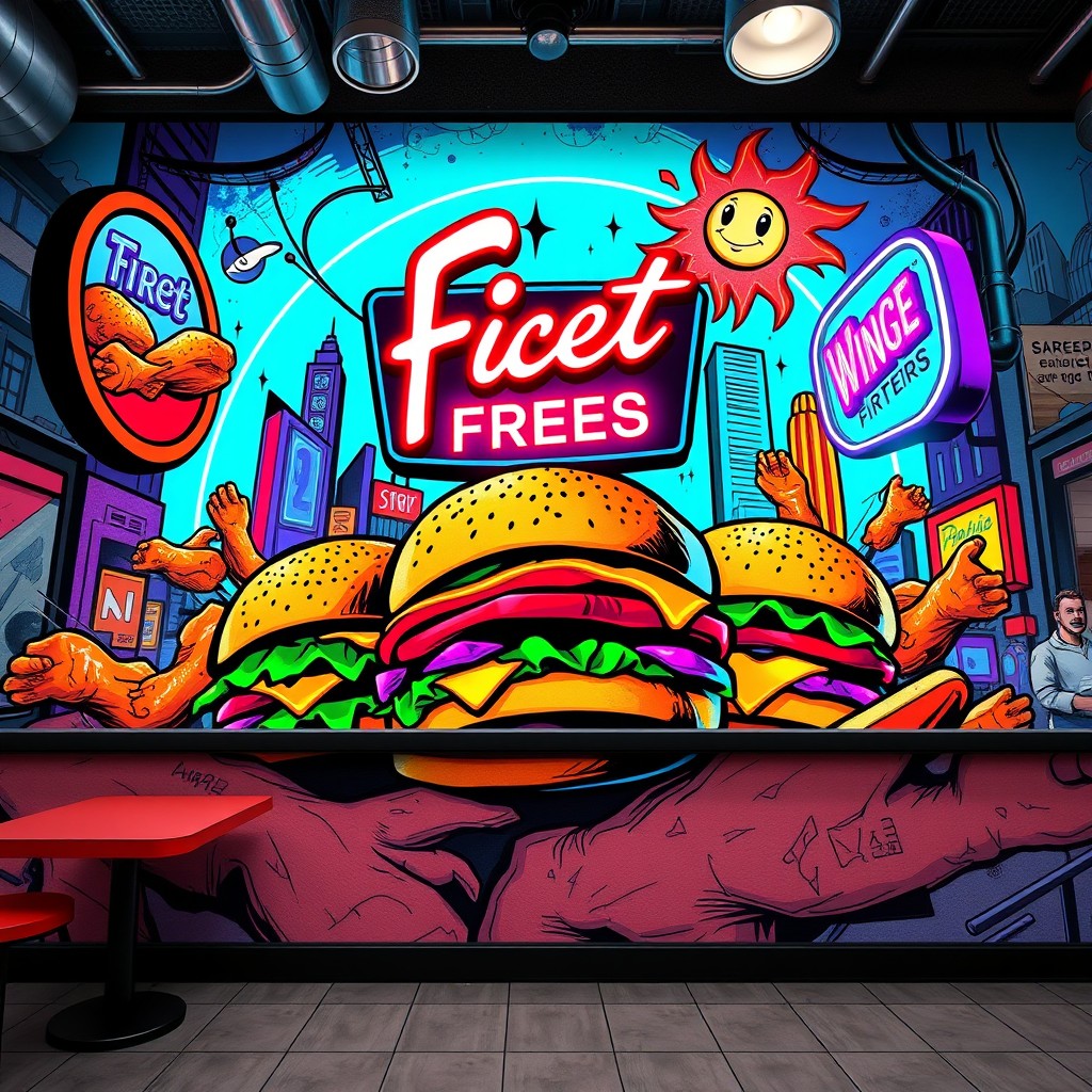 A vibrant and dynamic wall mural design for a fast food restaurant, inspired by the aesthetics of Futurama and The Simpsons, featuring a retro-futuristic theme