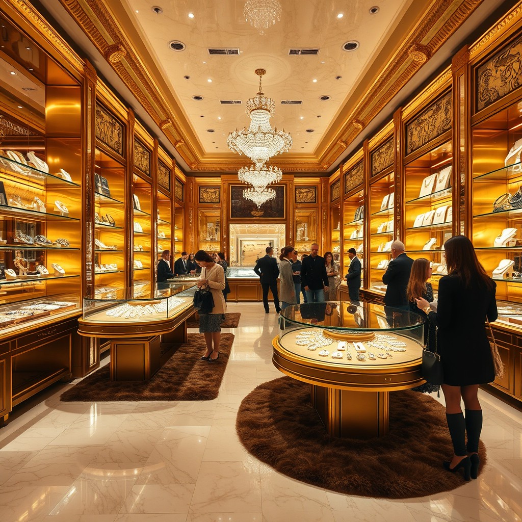 An opulent jewelry store featuring interior sections that showcase a variety of stunning jewelry pieces