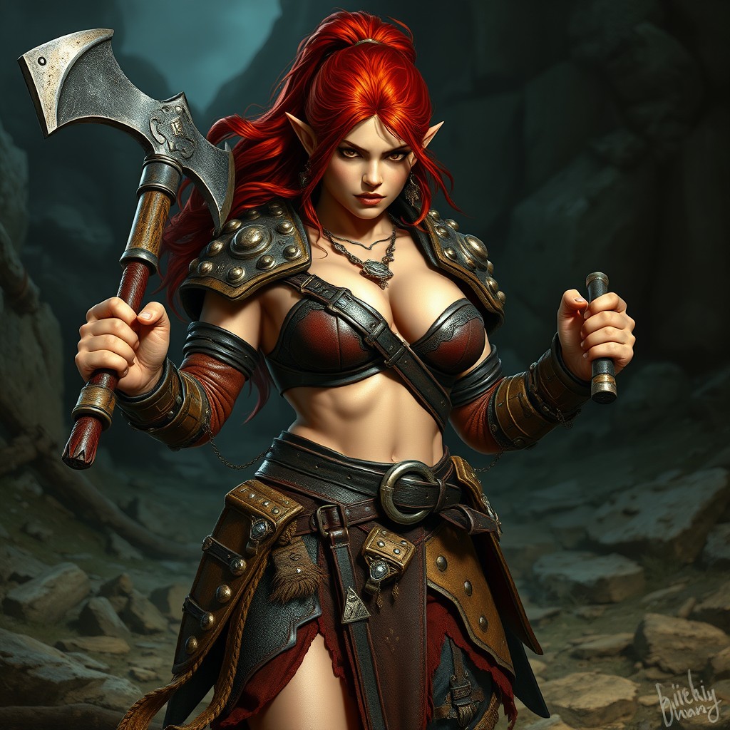 A fierce warrior woman dwarf with striking red hair, showcasing her buxom physique