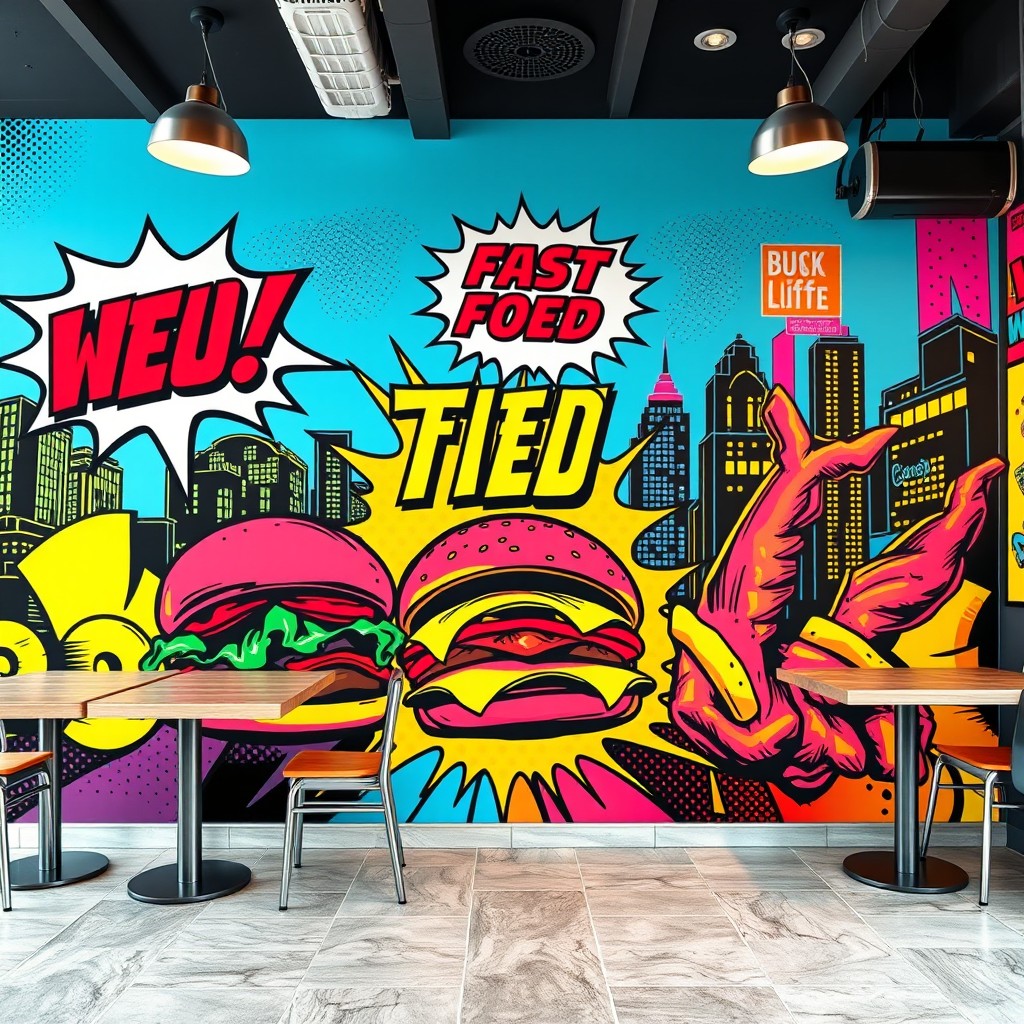 A vibrant wall mural for a fast food restaurant, featuring a retro-futuristic urban atmosphere infused with bold pop art elements