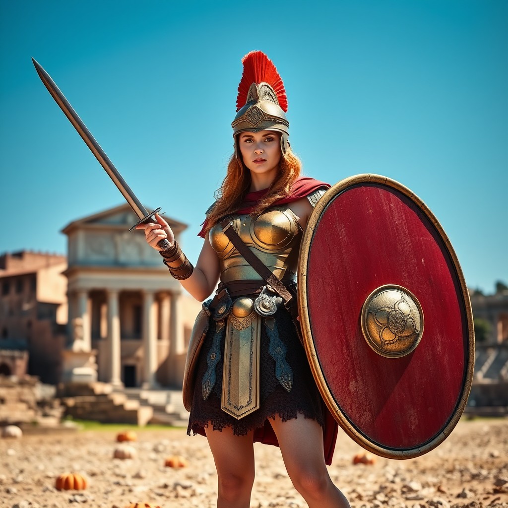 A striking redhead woman dressed as a Roman legionnaire, adorned in authentic Roman armor including a brass breastplate, leather sandals, and a detailed helmet with a crest