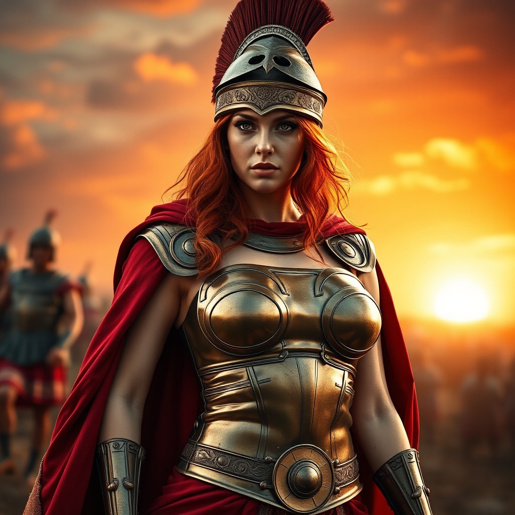 A stunning redhead woman dressed as a Roman legionnaire, showcasing her buxom figure in a historically accurate battle attire