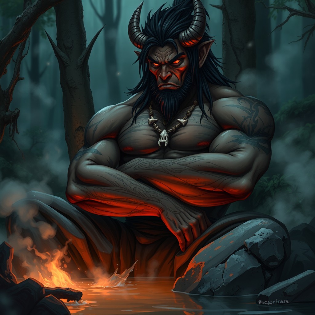 A tall, powerful oni warrior resting in a hidden forest spring at dusk