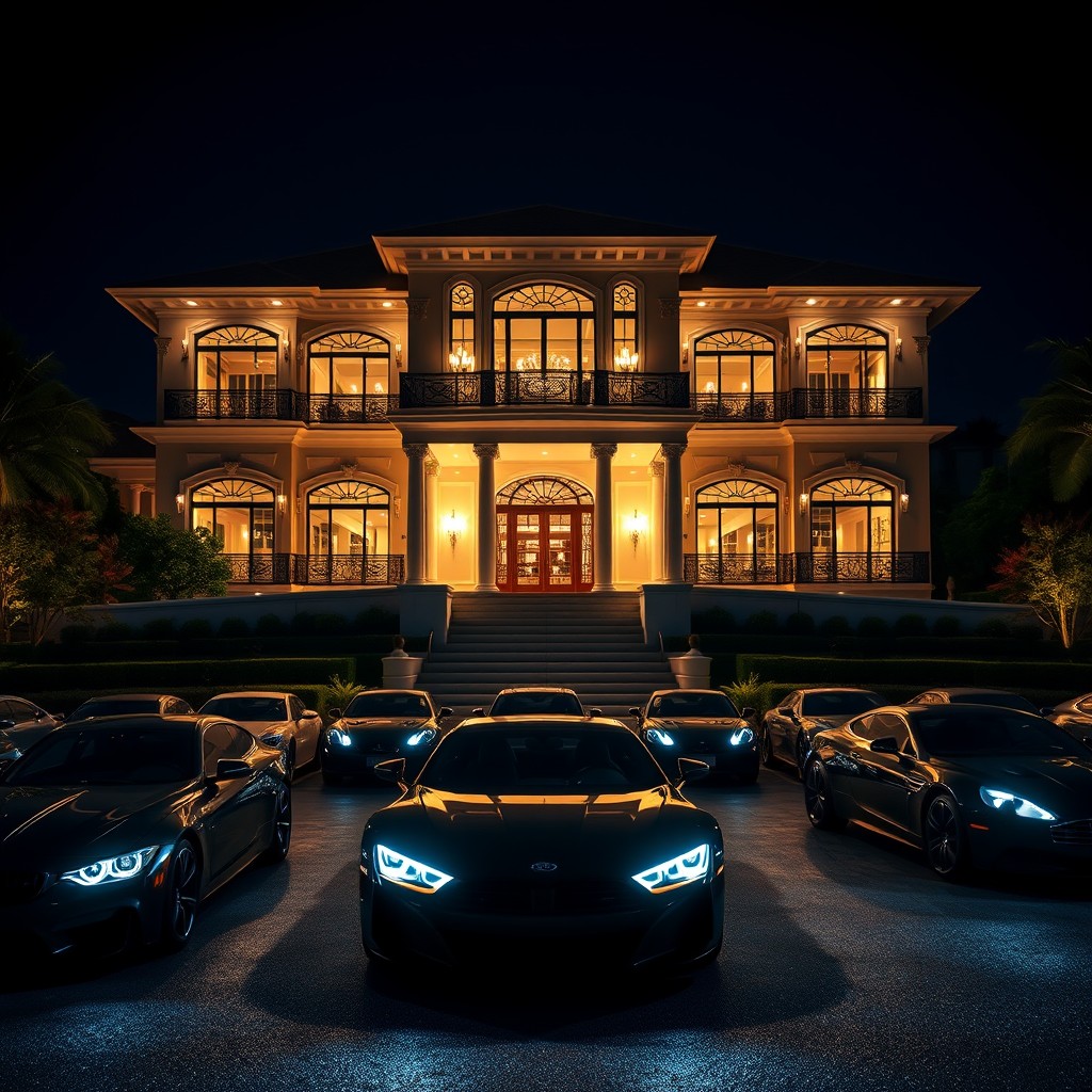 A stunning, opulent three-story mansion illuminated at night, radiating elegance and luxury