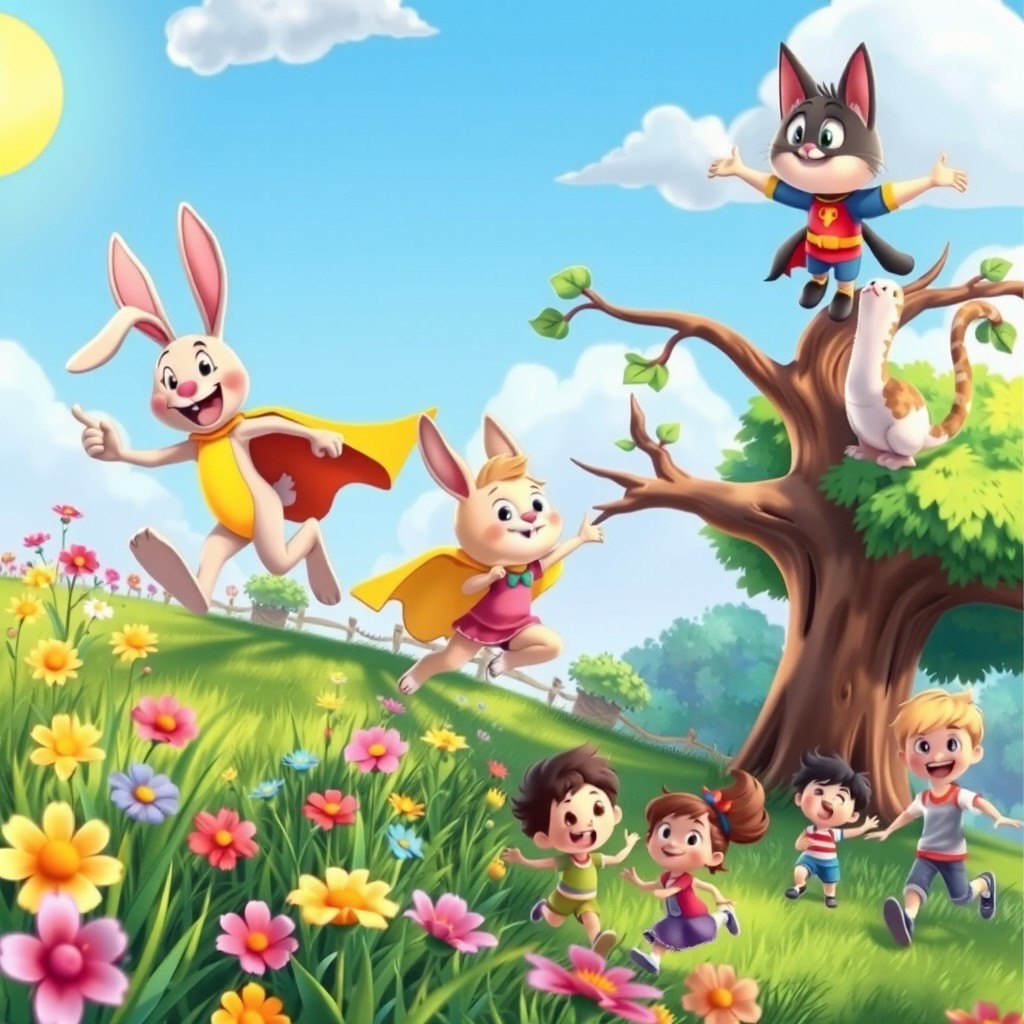 A vibrant and colorful scene featuring various animated characters engaging in different activities