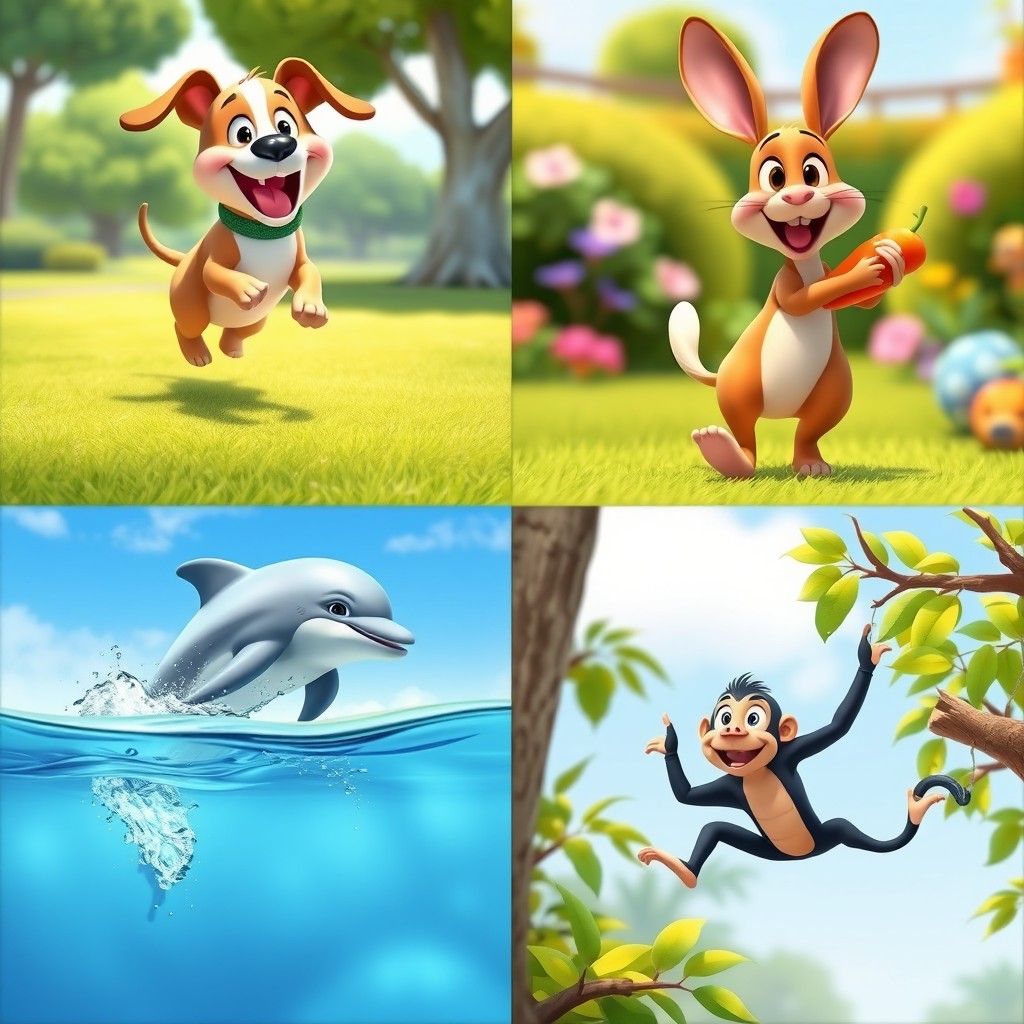 A series of individual images featuring distinct animated animals each engaged in a separate action