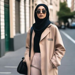 A fashionable hijabi woman wearing stylish streetwear with edgy, urban influences