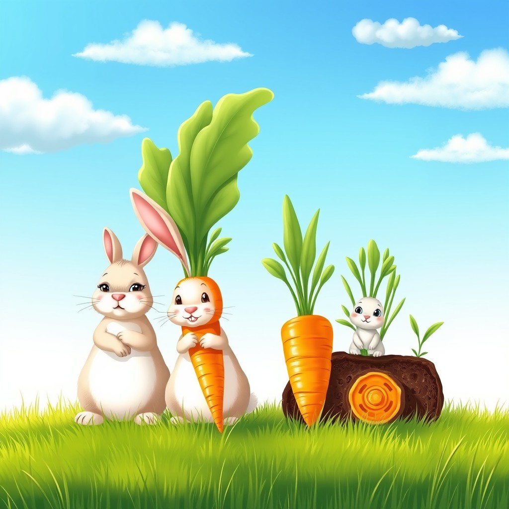 Two rabbits side by side on a grassy field under a clear blue sky adorned with soft white clouds