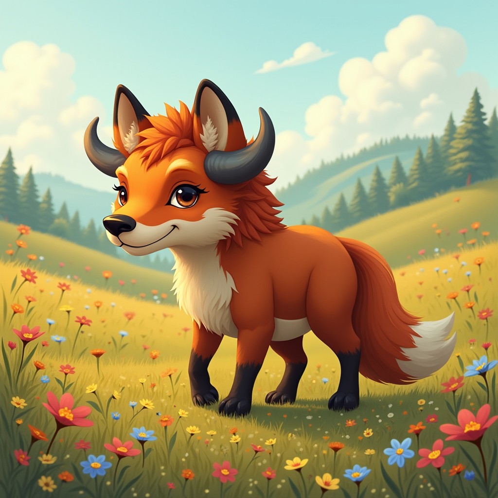 A whimsical creature that is a blend of a buffalo and a fox, depicted in a colorful meadow filled with wildflowers