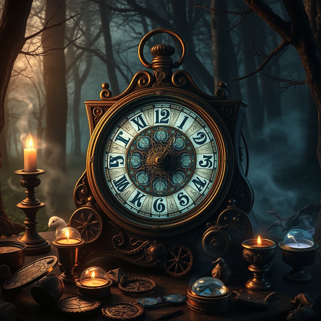 A mystical scene inspired by the Harry Potter universe, depicting an ancient, enchanted clock surrounded by magical artifacts