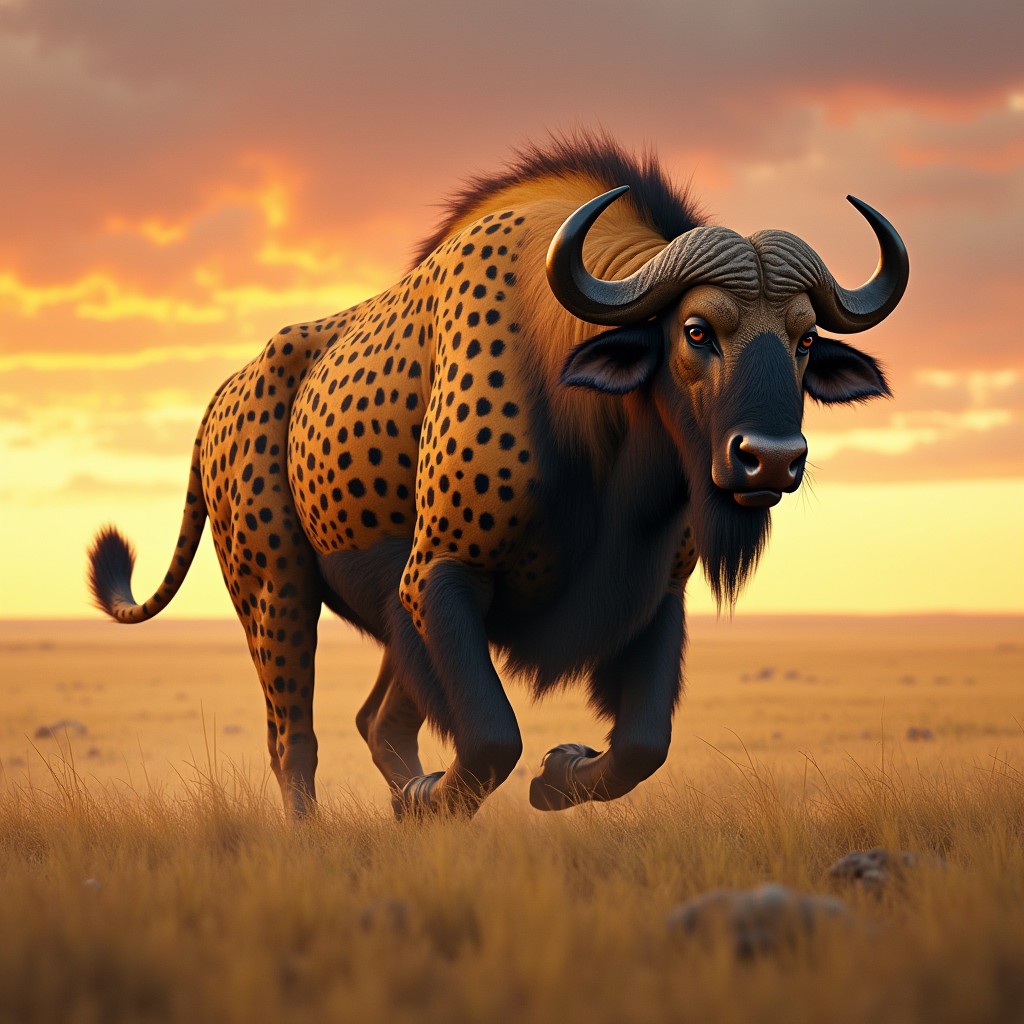 A striking creature that is a fusion of a buffalo and a cheetah, portrayed in an open grassland setting