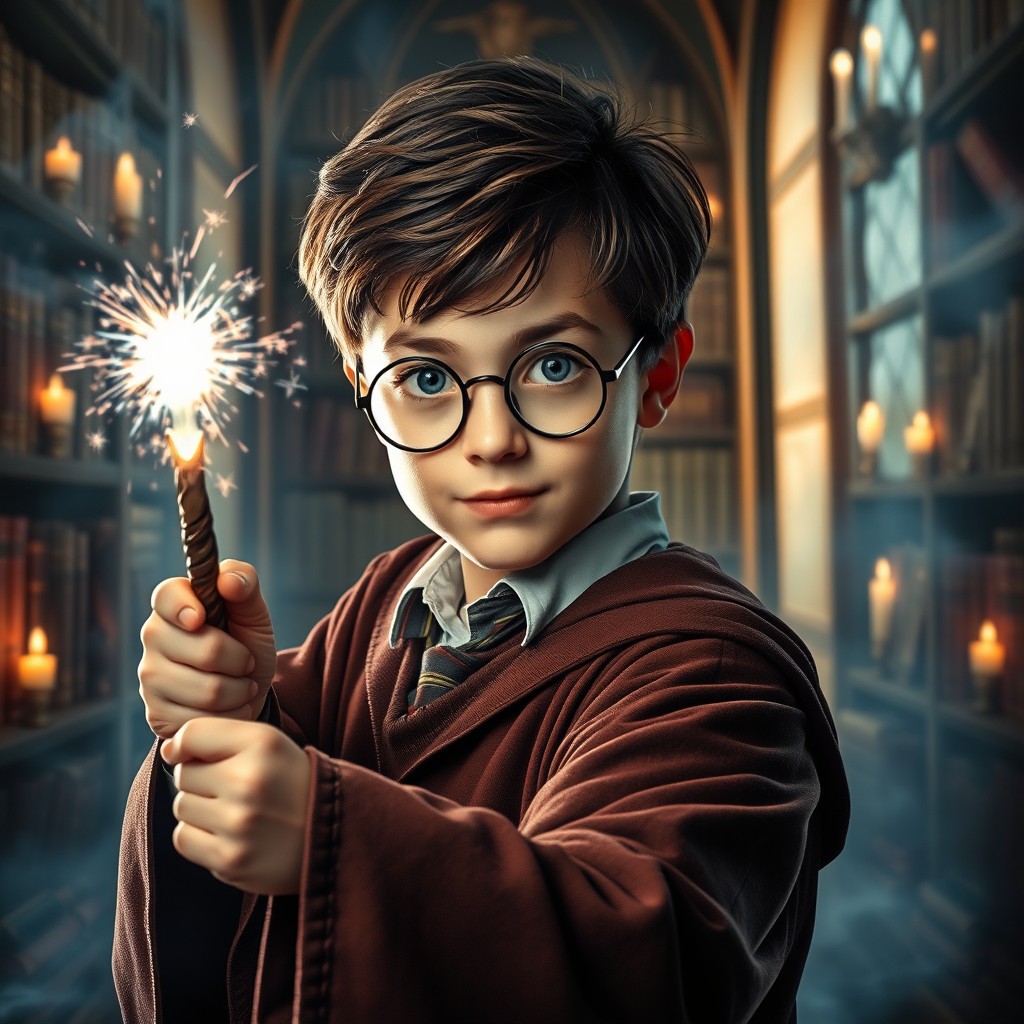 A captivating portrait of a young wizard inspired by Harry Potter, holding a magical wand in a dynamic pose