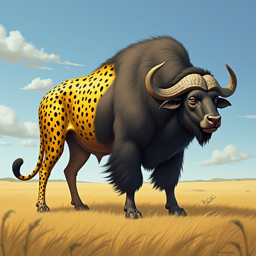 An imaginative creature that embodies the traits of both a buffalo and a cheetah, portrayed in an expansive grassland