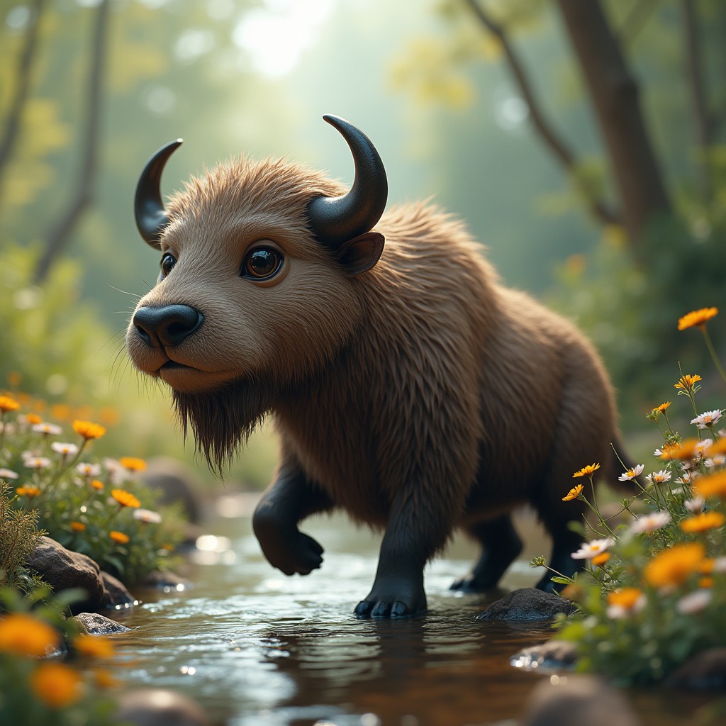 An imaginative creature that is a combination of a buffalo and an otter, depicted in a playful riverside habitat