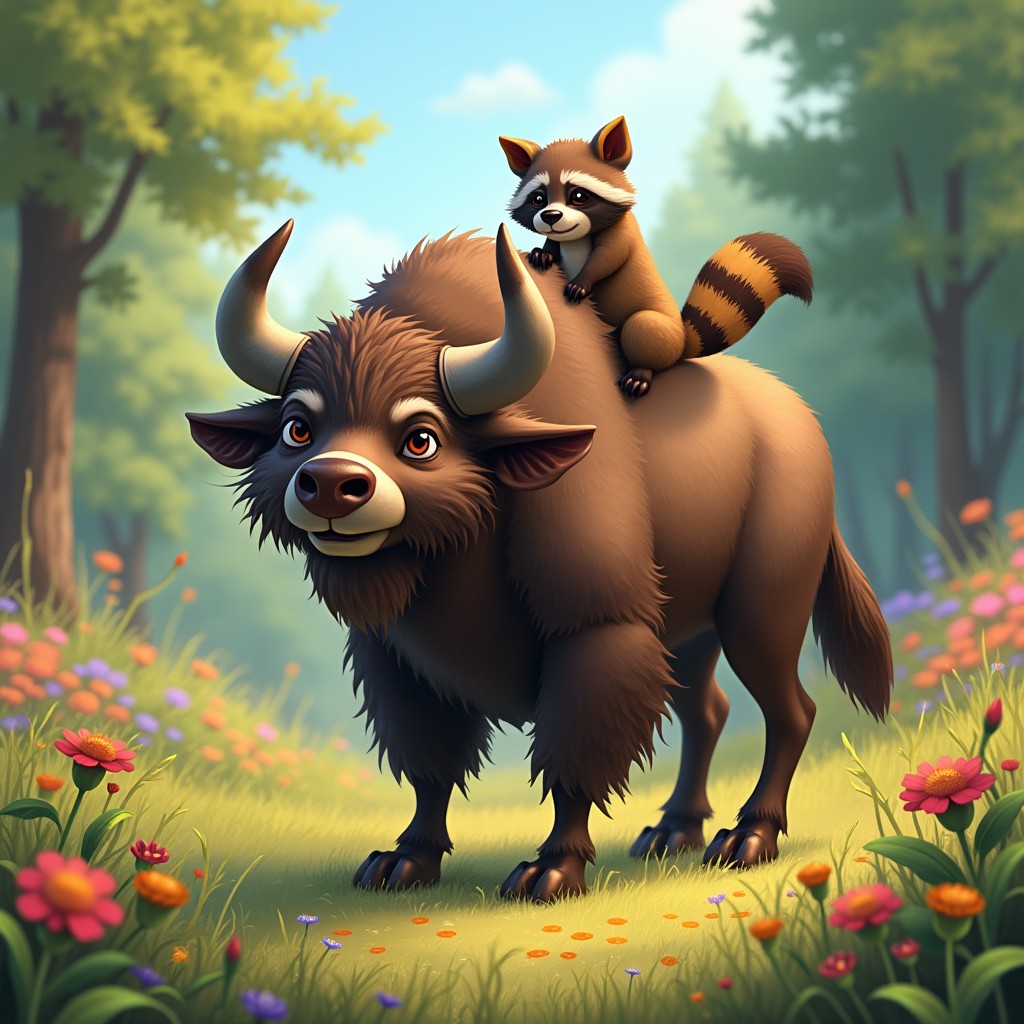 An imaginative creature that is a blend of a buffalo and a raccoon, set in a lively forest environment
