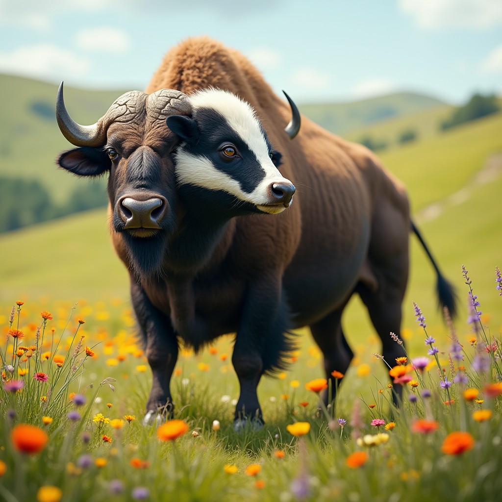 An imaginative creature that is a blend of a buffalo and a badger, depicted in a vibrant grassy meadow