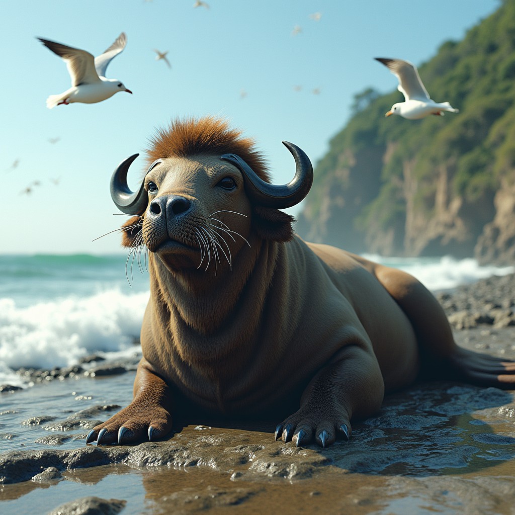 A whimsical creature that is a combination of a buffalo and a seal, portrayed lounging on a rocky shore beside the ocean