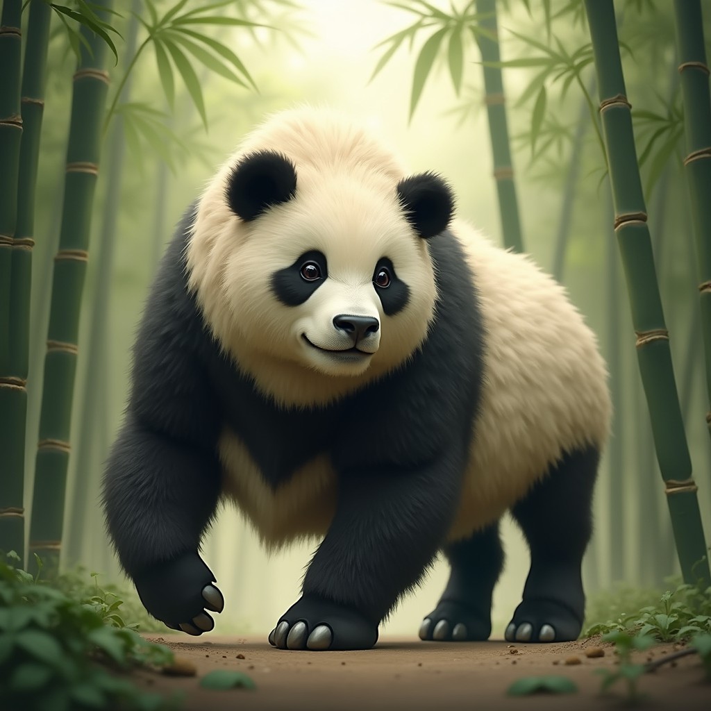 An imaginative hybrid creature combining the powerful features of a buffalo with the adorable traits of a panda, depicted in a serene bamboo forest