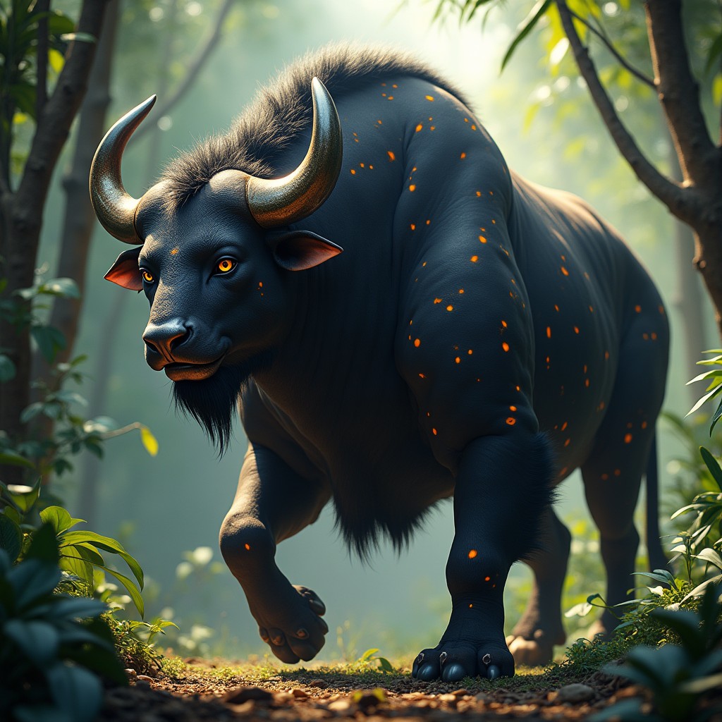 A striking hybrid creature that combines the powerful physique of a buffalo with the sleek elegance of a panther, set against a lush jungle backdrop