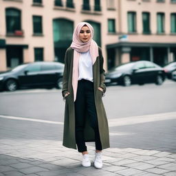 A fashionable hijabi woman wearing stylish streetwear with edgy, urban influences