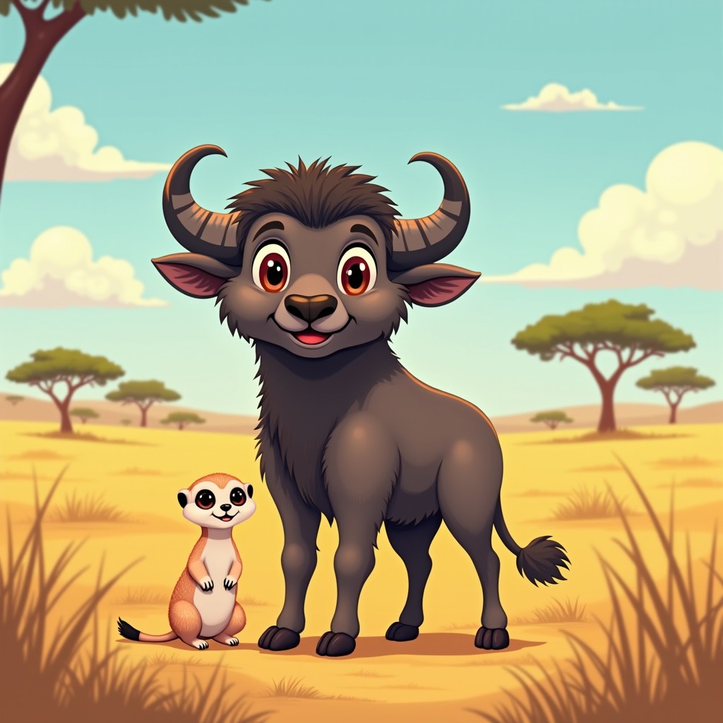 A delightful creature that is a hybrid of a buffalo and a meerkat, illustrated in a sun-drenched savanna landscape