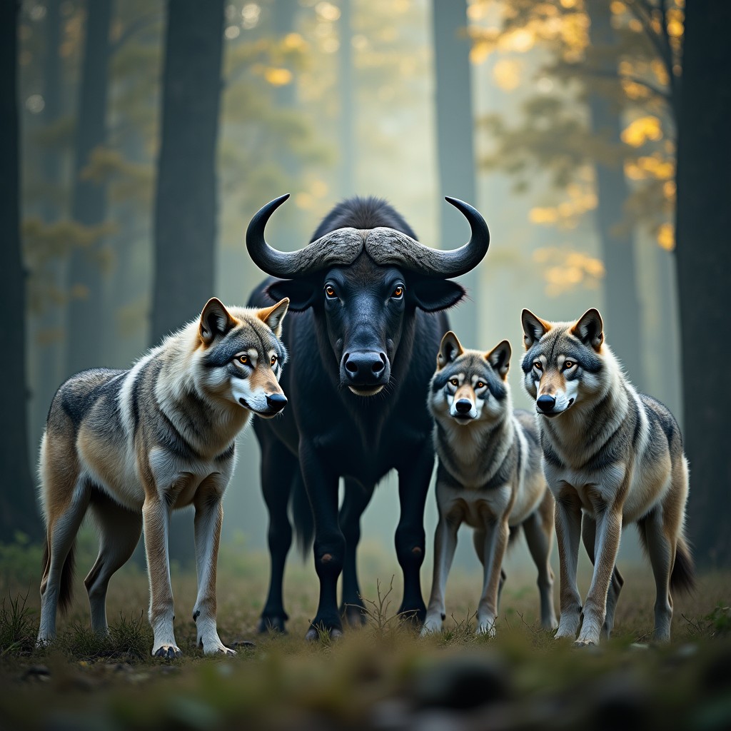 A dramatic scene featuring a group of powerful wolves standing majestically around a large buffalo in a dense forest setting