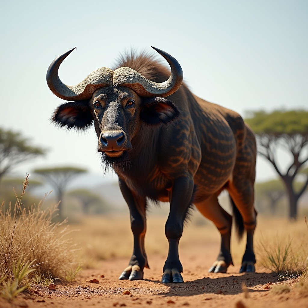 A fascinating creature that is a blend of a buffalo and a jackal, depicted in a rugged savannah landscape