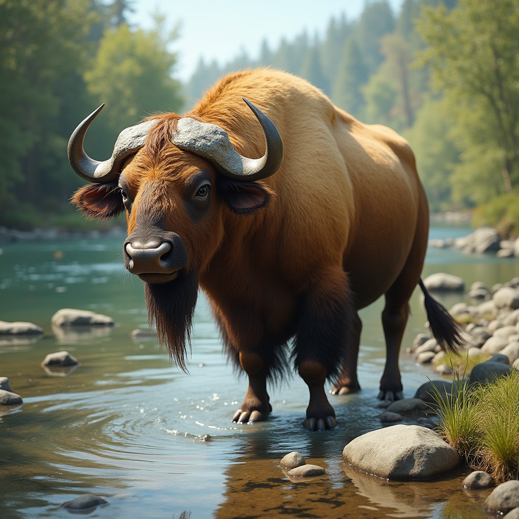 An imaginative creature that combines the robust traits of a buffalo and the industrious characteristics of a beaver, set within a serene riverbank environment