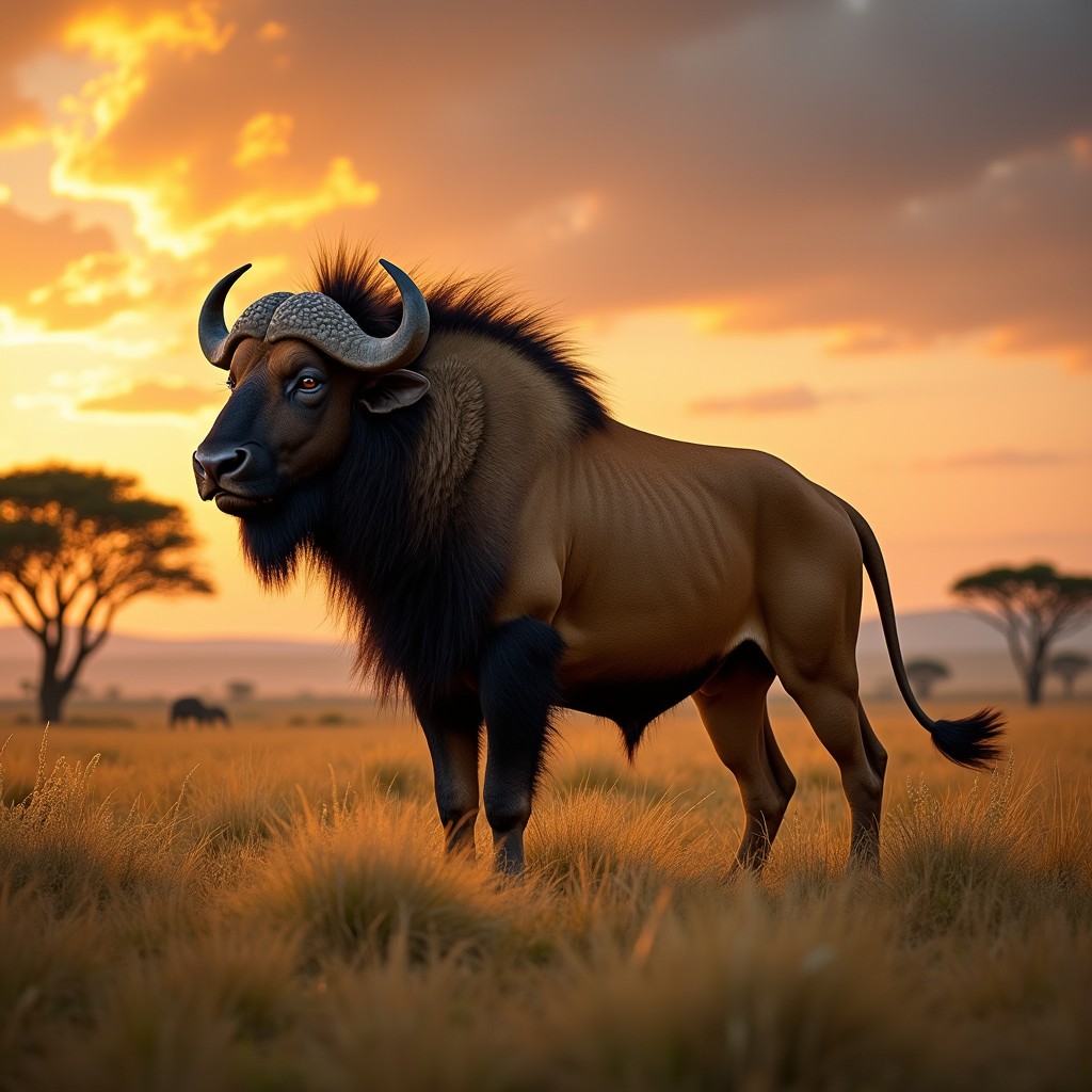 An imaginative creature that is a blend of a buffalo and a lioness, portrayed majestically in the African savanna