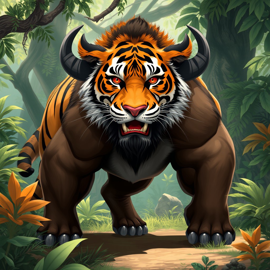 A breathtaking illustration of a powerful hybrid creature that combines the formidable features of a buffalo with the striking characteristics of a tiger